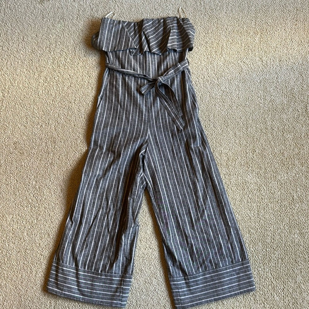 TART Women Linen Jumpsuit Strapless Ruffles with Stripes Size XS
